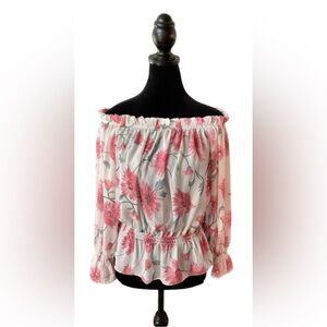 Peasant White and Pink Floral  On or Off The Shoulder Blouse